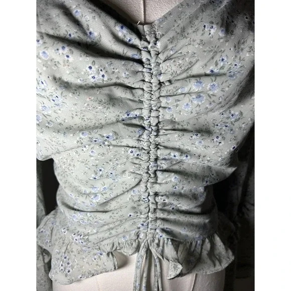 Altar'd State Sage Green Ruched Ruffle Long Sleeve Blouse Boho Cottagecore Med - Picture 3 of 6